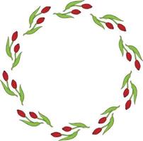 Round frame with red tulips. Isolated wreath with flowers on white background. Vector image.