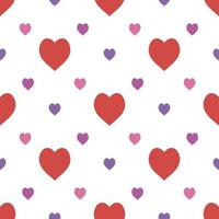 Seamless pattern in stylish red, pink and violet hearts on white background for fabric, textile, clothes, tablecloth and other things. Vector image.