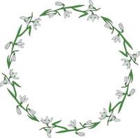 Round frame of beautiful colorful snowdrops. Wreath with isolated spring flowers on white background for your design. vector