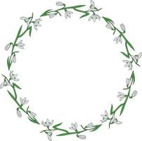 Round frame of beautiful colorful snowdrops. Wreath with isolated spring flowers on white background for your design. vector