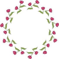 Round frame with cozy vertical blooming pink tulips on white background. Isolated frame of flowers for your design. vector