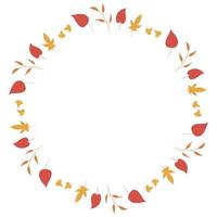 Round frame with cute red leaves,  yellow leaves and orange branches on white background. Isolated wreath for your design. vector