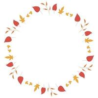 Round frame with cute red leaves,  yellow leaves and orange branches on white background. Isolated wreath for your design. vector