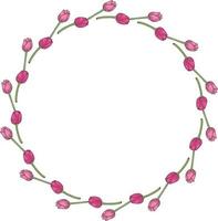 Round frame with horizontal bright pink tulips on white background. Isolated frame of flowers for your design. vector