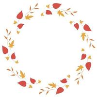 Round frame with horizontal orange branches, yellow and red leaves on white background. Isolated wreath for your design. vector