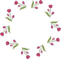 Round frame with stylish pink tulips on white background. Isolated frame of flowers for your design. vector