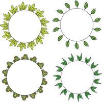 Four round frames with plant elements and green leaves. Isolated wreaths on white background for your design vector