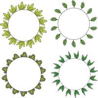 Four round frames with plant elements and green leaves. Isolated wreaths on white background for your design vector