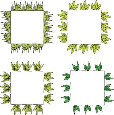 Four square  frames with green grass and leaves. Isolated frames on white background for your design