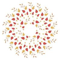 Round frame with different orange branches, yellow and red leaves on white background. Isolated wreath for your design. vector