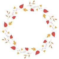 Round frame with horizontal red, orange, yellow leaves and decorative elements leaves on white background. Isolated wreath for your design. vector