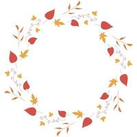 Round frame with horizontal red, orange, yellow leaves and decorative elements leaves on white background. Isolated wreath for your design. vector