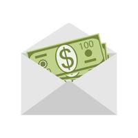 Money in an envelope isolated on white background close-up. Open envelope with dollars inside. Salary, cash reward, financial gift.Flat design. vector
