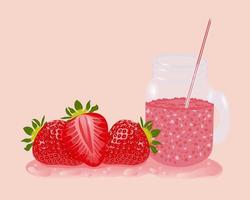 Strawberry juice glass jar. Fruit juice. Fresh healthy food. Natural organic nutrition. Vector design. Sweet food. Celebration concept.