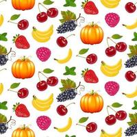 Seasonal abundance. Strawberries, raspberries, grapes, pumpkin, banana, cherry on a white background. Seamless patterns. Vector background for fabric, wallpaper or wrapping paper.