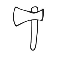 Axe hand drawn in black outline on a white background. Working tool in doodle style.Ax icon. Vector illustration.