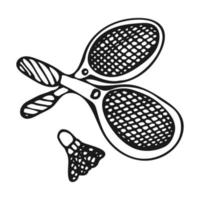 Two rackets and a shuttlecock for playing badminton in the style of doodles. Tennis rackets are hand drawn on a white background. Black and white tennis icon. Vector illustration.