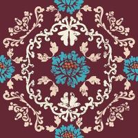 Blue vintage flowers with ornate patterns on burgundy background. Vintage texture pattern. Seamless damask pattern. Vector illustration. For wallpaper, textile, tile or wrapping paper.