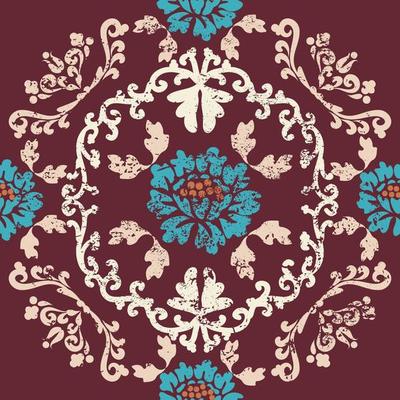 Blue vintage flowers with ornate patterns on burgundy background. Vintage texture pattern. Seamless damask pattern. Vector illustration. For wallpaper, textile, tile or wrapping paper.