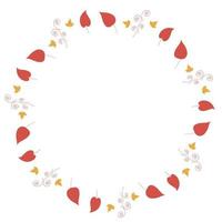 Round frame with big red leaves, little yellow leaves and decorative elements on white background. Isolated wreath for your design. vector