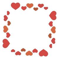 Square frame in cozy simple red and orange hearts on white background for your design. Vector image.