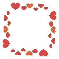 Square frame in cozy simple red and orange hearts on white background for your design. Vector image.