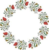 Round frame of plant elements. Wreath with isolated flowers and leaves on white background for your design. vector