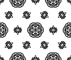 Black mandala and flowers on a white background. Abstract seamless floral pattern. Decorative texture. Black and white. For fabric, wallpaper, venetian pattern,textile, packaging. vector