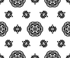 mandala negro y flores sobre un fondo blanco. patrón floral abstracto sin fisuras. textura decorativa. en blanco y negro. para tela, papel pintado, patrón veneciano, textil, embalaje. vector