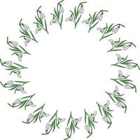 Round frame of colored snowdrops. Wreath with isolated flowers  on white background for your design. vector