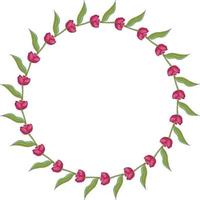 Round frame with horizontal blooming pink tulips on white background. Isolated frame of flowers for your design. vector