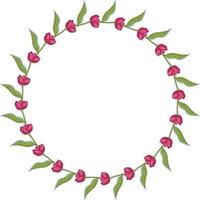 Round frame with horizontal blooming pink tulips on white background. Isolated frame of flowers for your design. vector