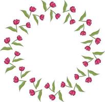 Round frame with cozy horizontal blooming pink tulips on white background. Isolated frame of flowers for your design. vector