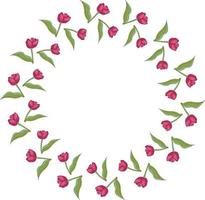 Round frame with cozy horizontal blooming pink tulips on white background. Isolated frame of flowers for your design. vector