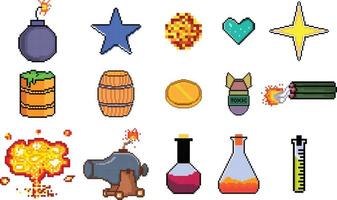 8 bit Pixel art game icon set. ui elements pixel set. game world and pixel scene.