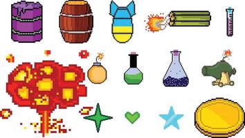 Conjunto de iconos de juego de arte de píxeles de 8 bits. conjunto de píxeles de elementos de la interfaz de usuario. mundo del juego y escena de píxeles. vector