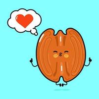 Cute funny Pecan doing yoga with speech bubble. Vector hand drawn cartoon kawaii character illustration icon. Isolated on blue background. Pecan in love character concept