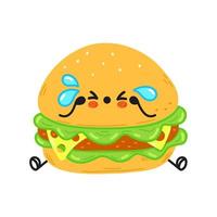 lindo personaje de hamburguesa triste y llorando. icono de ilustración de personaje kawaii de dibujos animados dibujados a mano vectorial. aislado sobre fondo blanco. concepto de personaje de hamburguesa vector