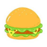 lindo personaje de hamburguesa divertido. icono de ilustración de personaje kawaii de dibujos animados dibujados a mano vectorial. aislado sobre fondo blanco. concepto de personaje de hamburguesa vector