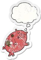 cartoon dancing pig and thought bubble as a distressed worn sticker vector