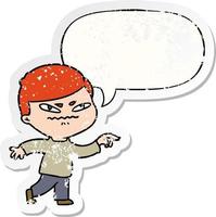 cartoon angry man pointing and speech bubble distressed sticker vector