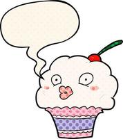 funny cartoon cupcake and speech bubble in comic book style vector
