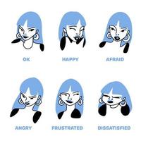Set of a girl who shows emotions, cartoon drawing vector