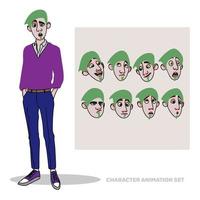 Character animation set, guy with beard, full length, people creation with emotions, doodle vector