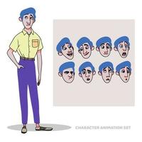 Character animation set, shirt guy, full length, people creation with emotions, facial animation, doodle