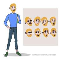 Character animation set, guy with beard, full length, people creation with emotions, doodle vector