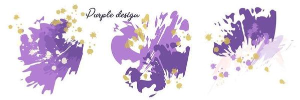 Vector purple watercolor design with golden splashes. Background for postcards, business cards, invitations, wedding design.