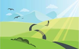 Natural park or forest outdoor background with mountains and road. Flat cartoon style. Vector illustration