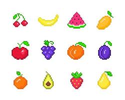 Colorful pixel fruits set. Simple ripe peach with red strawberries and blue grapes. Yellow sweet mango with red apple and cherries for vector 8bit design