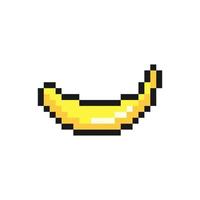 Yellow pixelated banana. Ripe oblong tropical fruit with sweet pulp for desserts and juice with 8bit game vector graphics